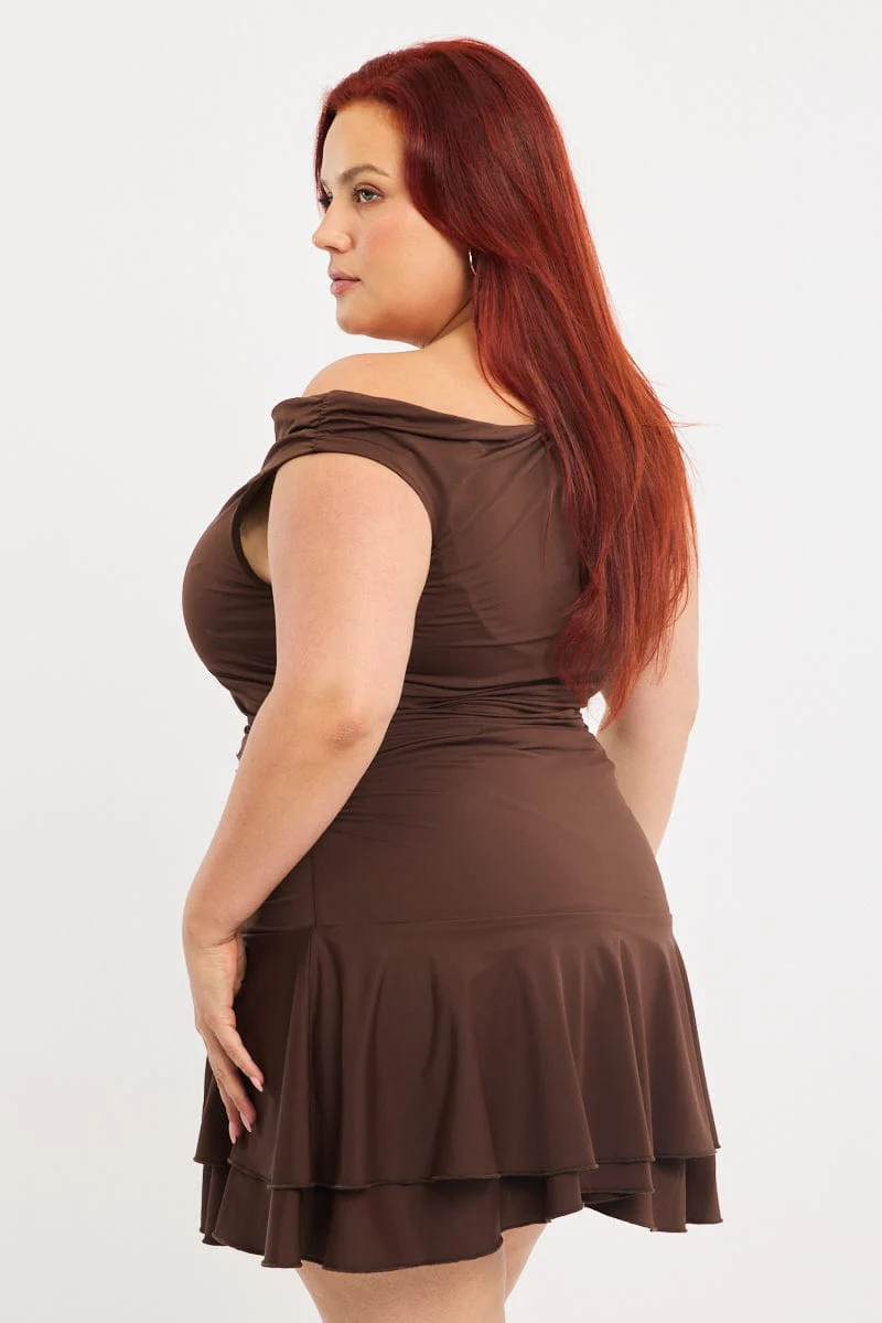 Brown Mini Dress Off Shoulder Jersey - Image 4