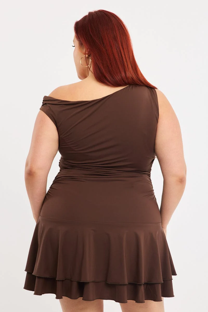 Brown Mini Dress Off Shoulder Jersey - Image 5