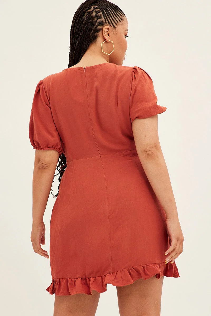 Brown Mini Dress Short Puff Sleeve Faux Wrap - Image 5