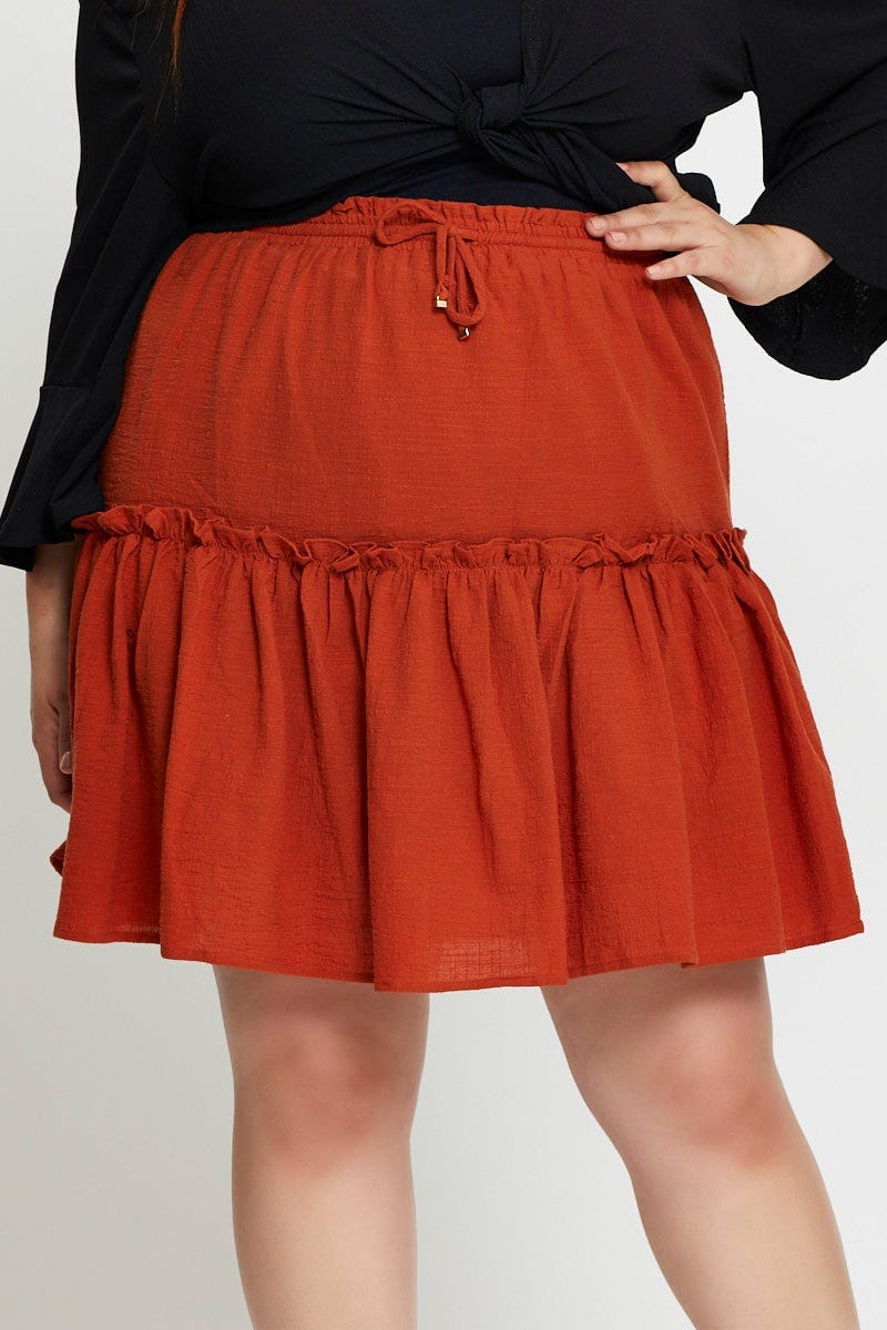 Brown Mini Skater Skirt Clay Elastic Waist - Image 2