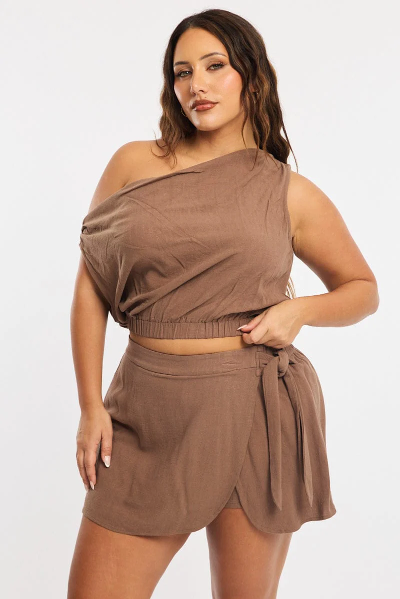 Brown Mini Skirt Tie Waist Linen Blend - Image 3