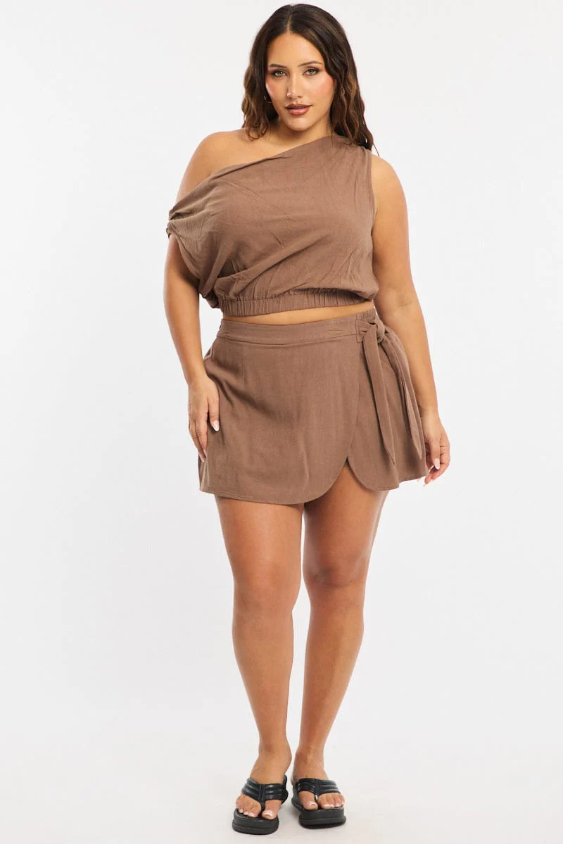 Brown Mini Skirt Tie Waist Linen Blend - Image 4