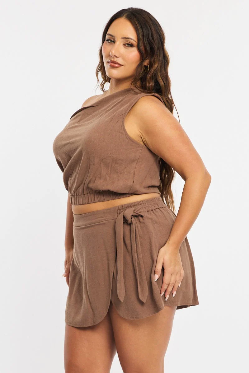 Brown Mini Skirt Tie Waist Linen Blend - Image 5