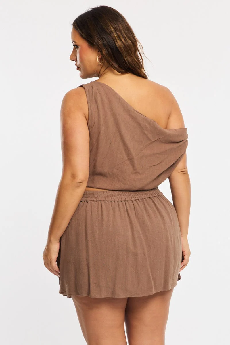 Brown Mini Skirt Tie Waist Linen Blend - Image 6