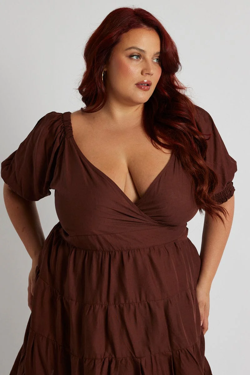 Brown Minidress Shirred Sleeve Wrap Linen Blend - Image 2