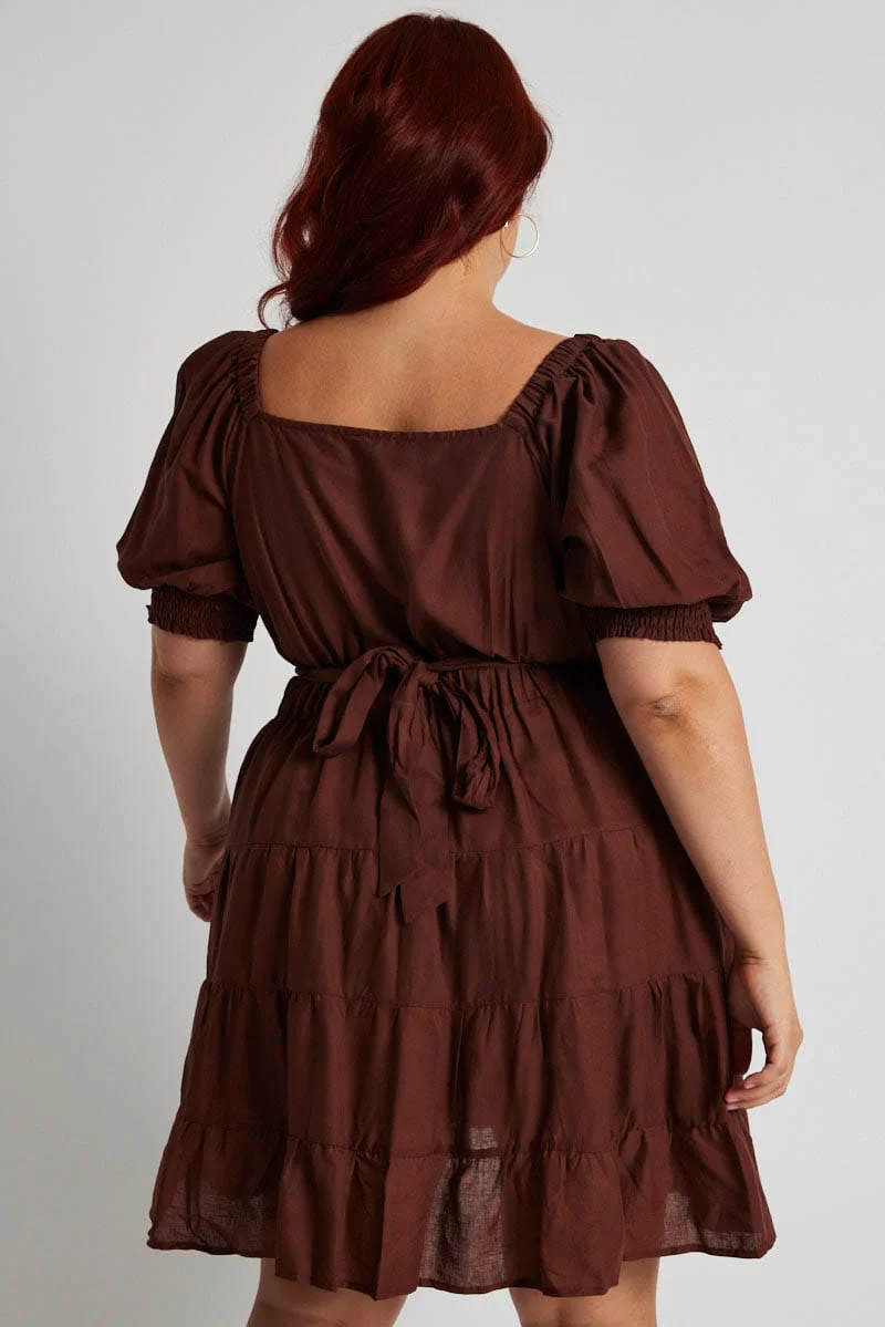 Brown Minidress Shirred Sleeve Wrap Linen Blend - Image 5