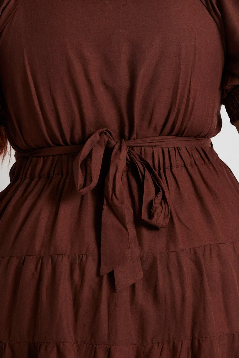Brown Minidress Shirred Sleeve Wrap Linen Blend - Image 6
