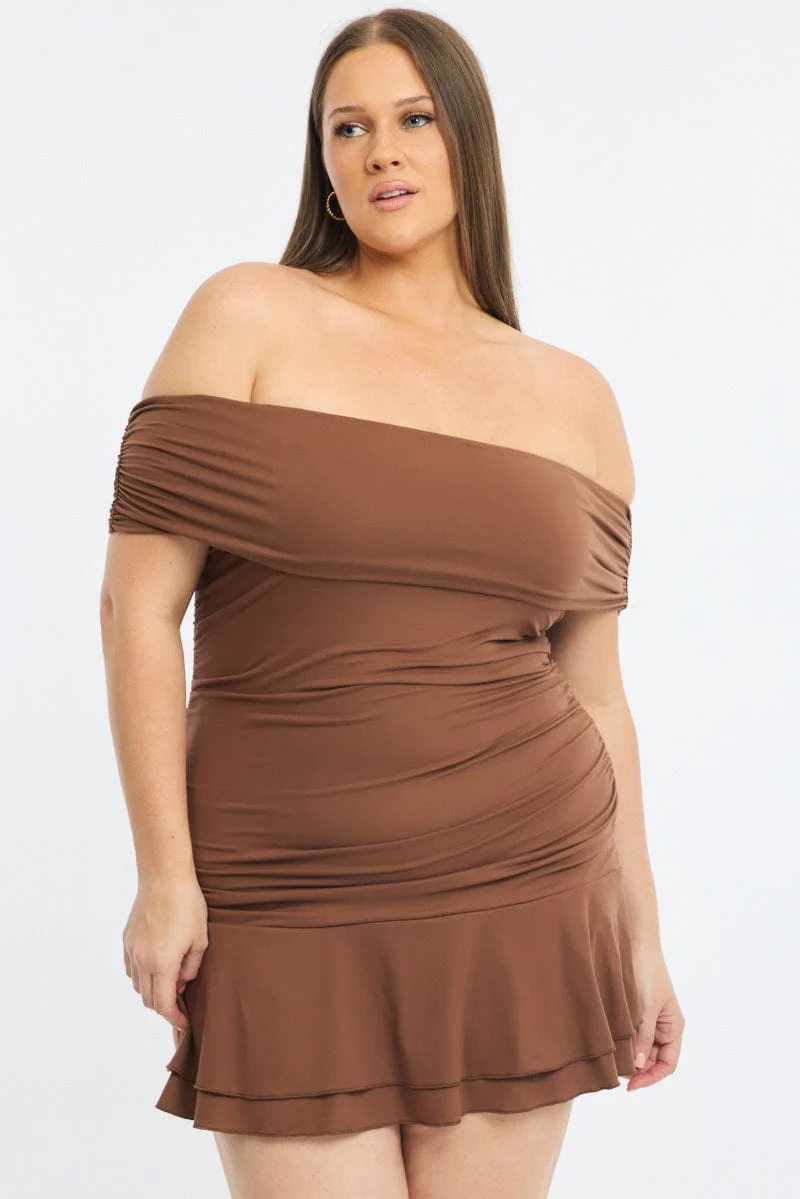 Brown Off Shoulder Dress Ruched Jersey