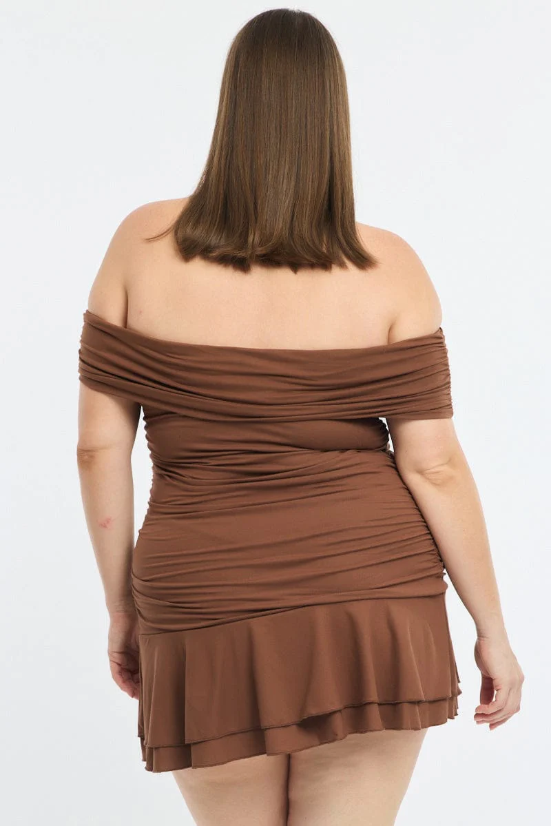 Brown Off Shoulder Dress Ruched Jersey - Image 4