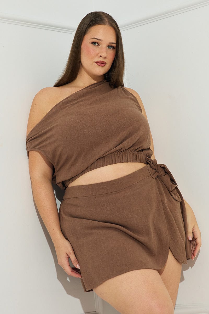 Brown Off Shoulder Top Linen Blend