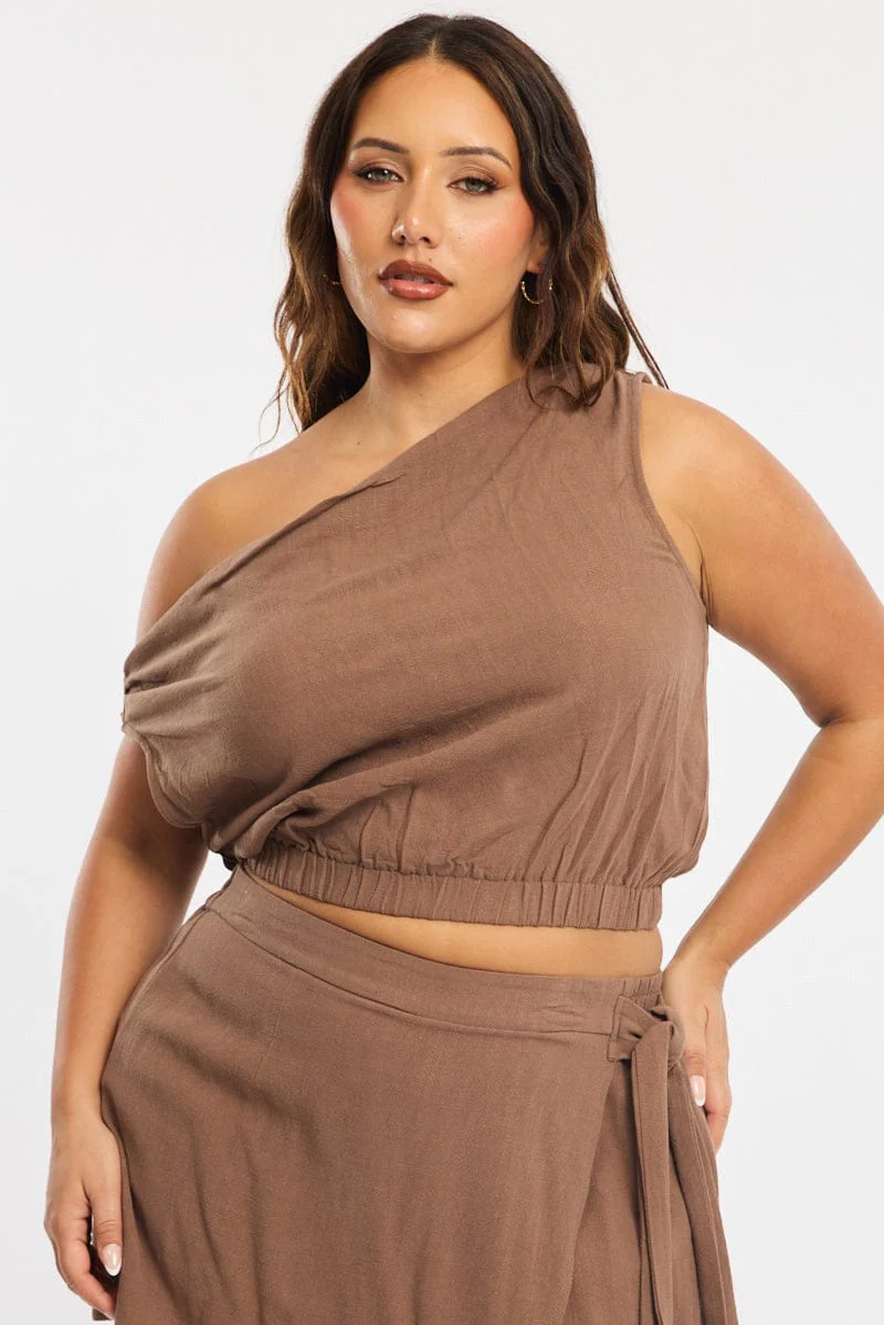 Brown Off Shoulder Top Linen Blend - Image 2