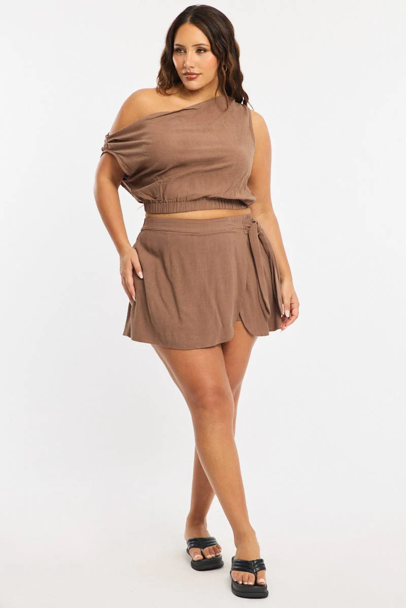 Brown Off Shoulder Top Linen Blend - Image 3