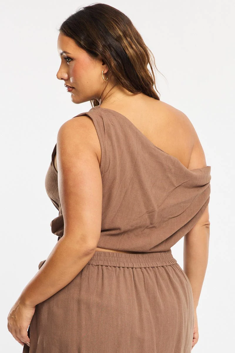 Brown Off Shoulder Top Linen Blend - Image 5