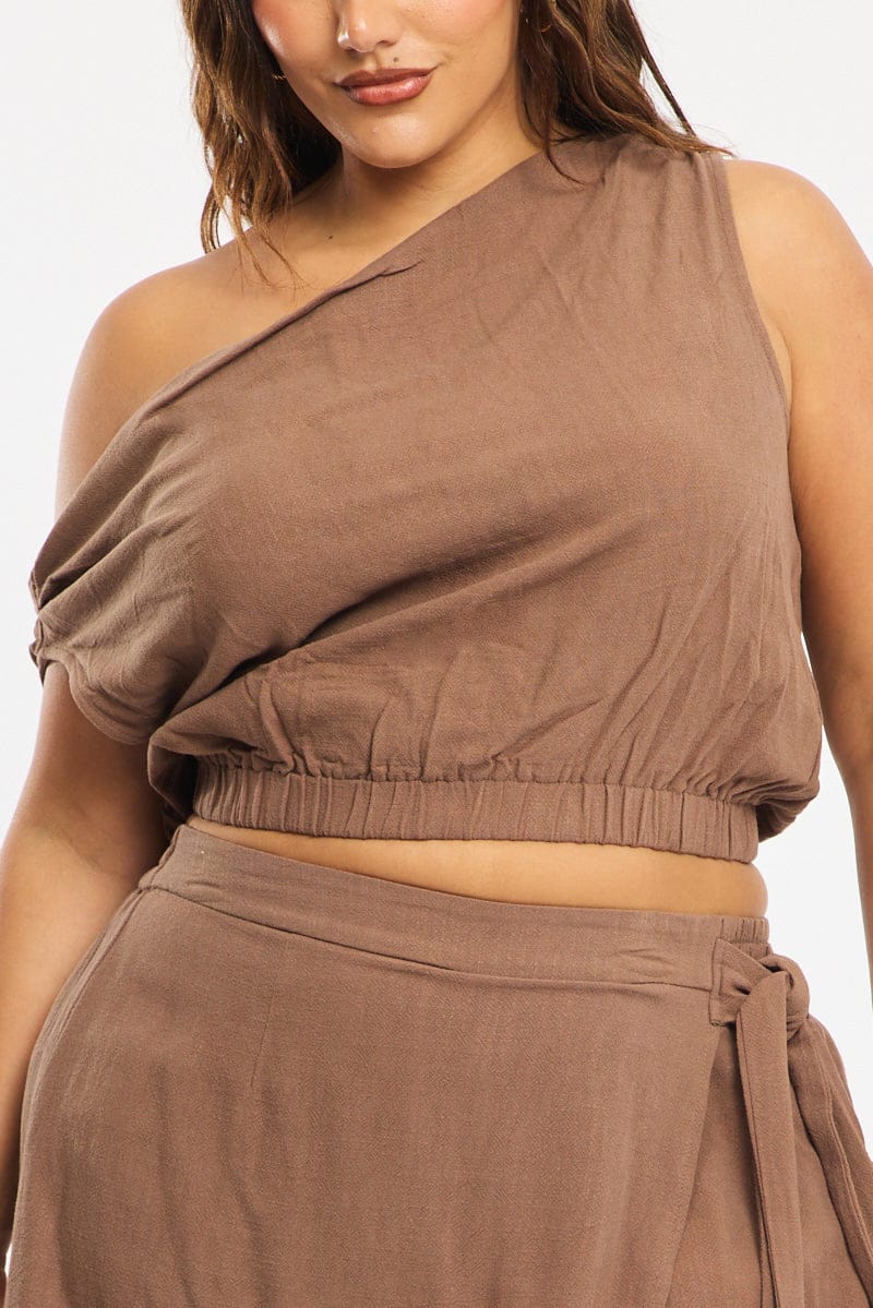 Brown Off Shoulder Top Linen Blend - Image 6