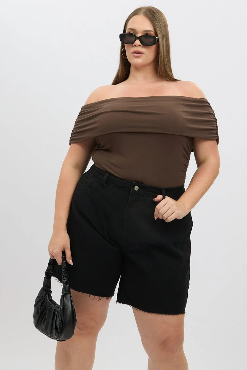 Brown Off Shoulder Top Side Ruched - Image 2
