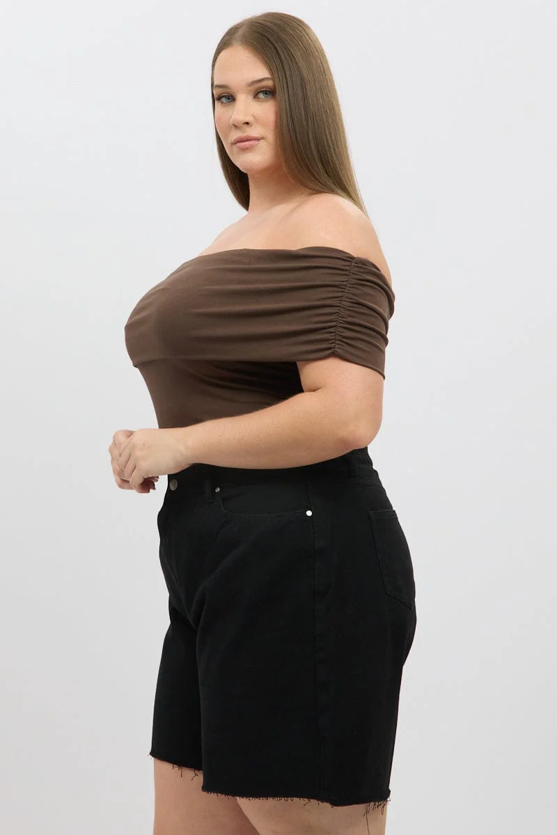 Brown Off Shoulder Top Side Ruched - Image 4
