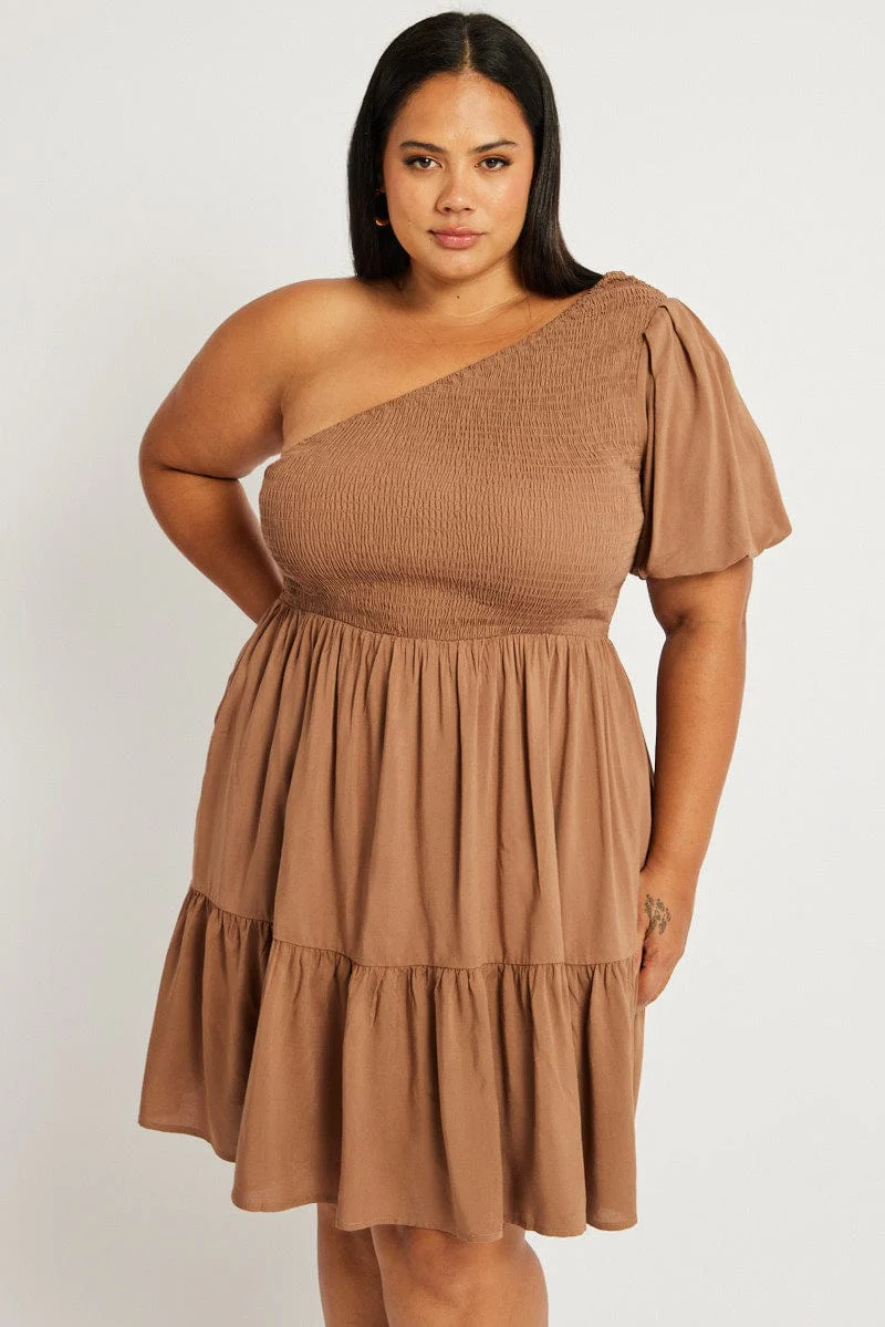 Brown One Shoulder Dress Shirred Bodice Pockets - Image 3