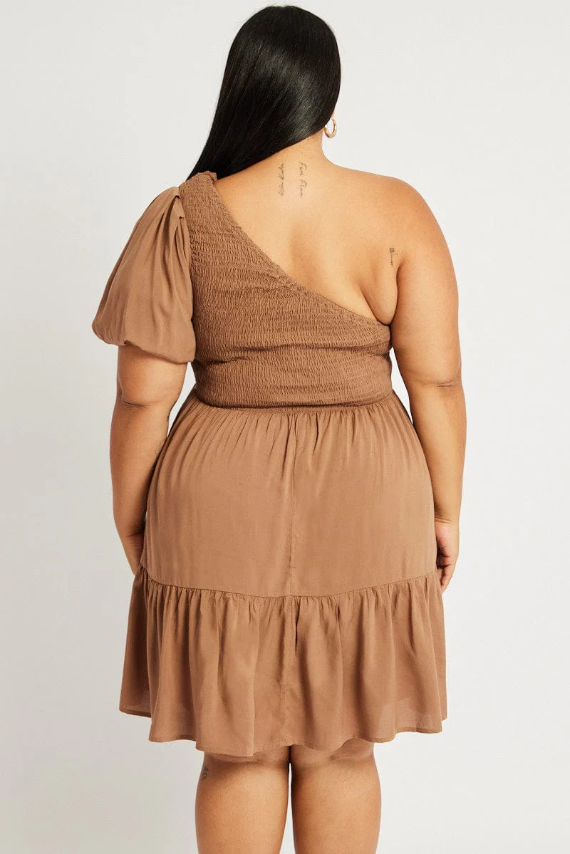 Brown One Shoulder Dress Shirred Bodice Pockets - Image 5