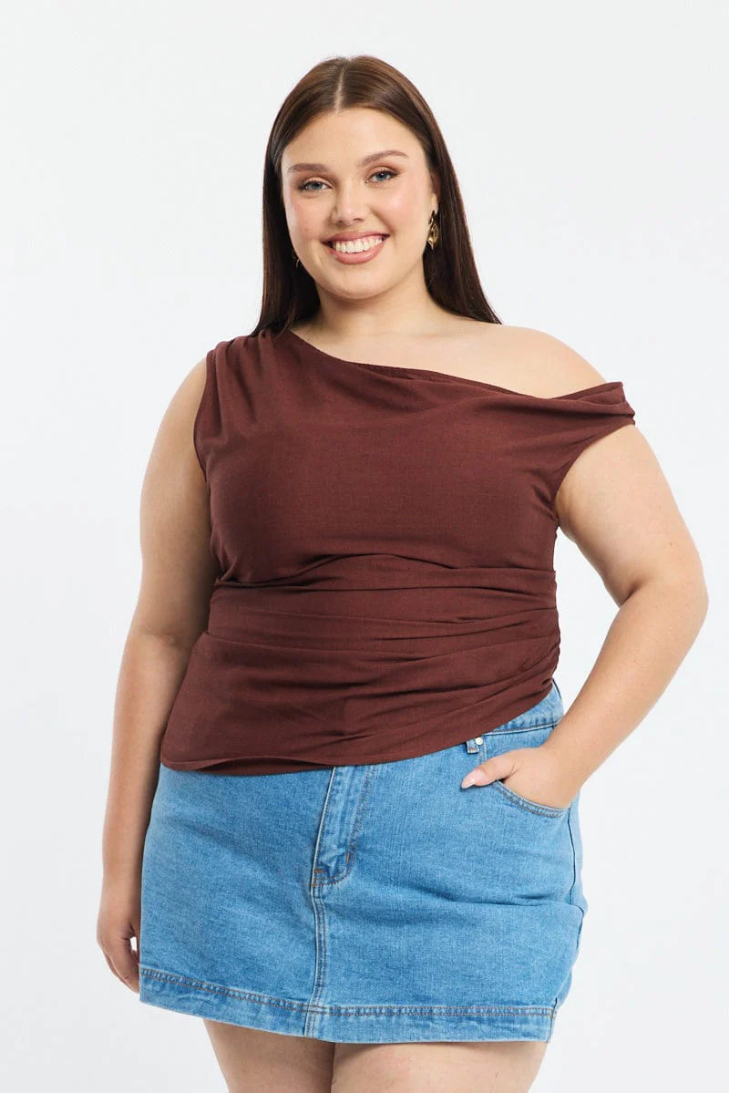 Brown One Shoulder Gathered Top Linen Blend