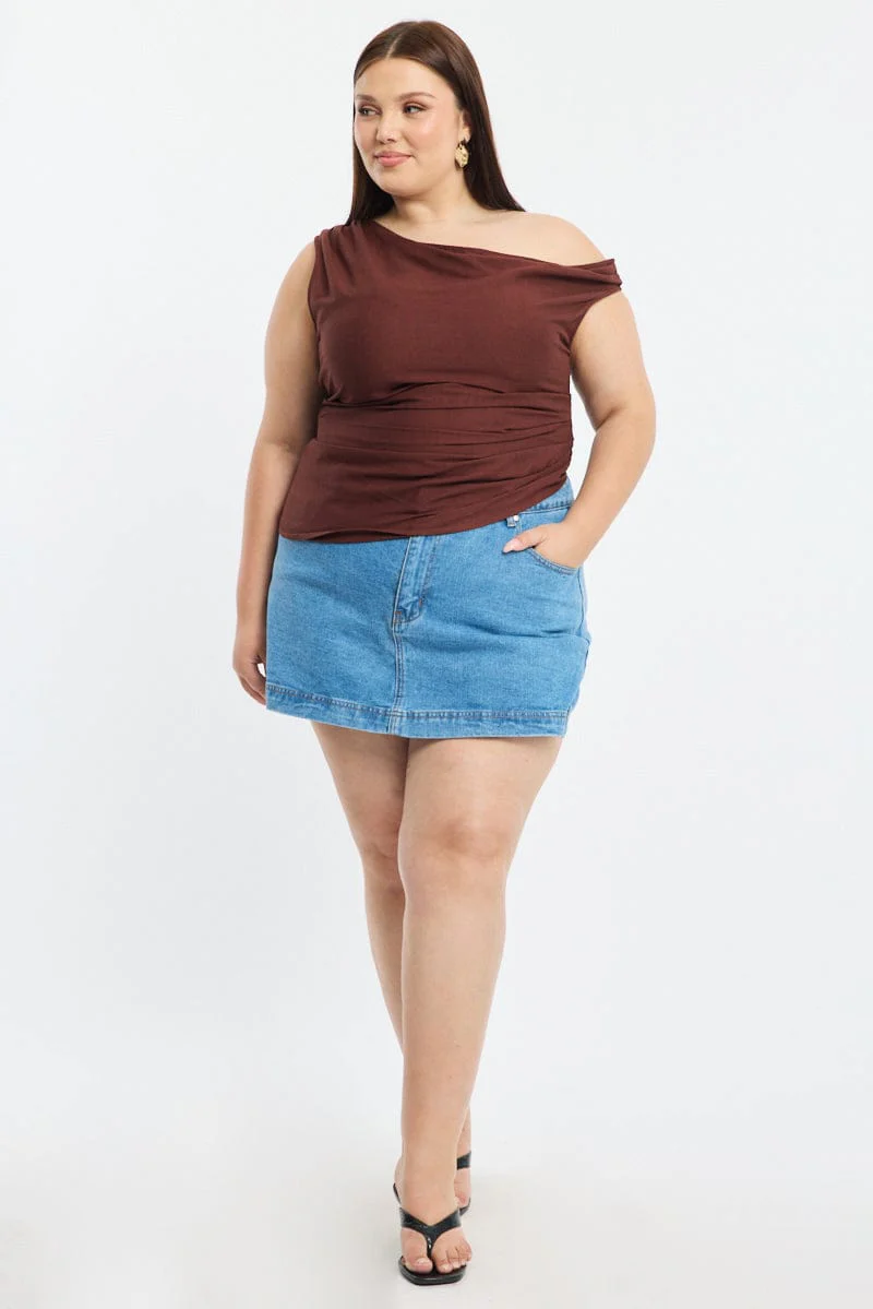 Brown One Shoulder Gathered Top Linen Blend - Image 2