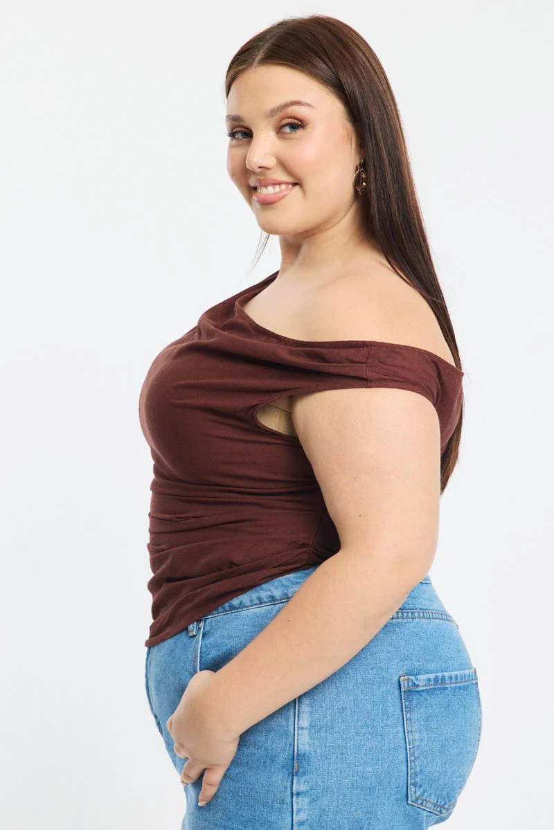 Brown One Shoulder Gathered Top Linen Blend - Image 3