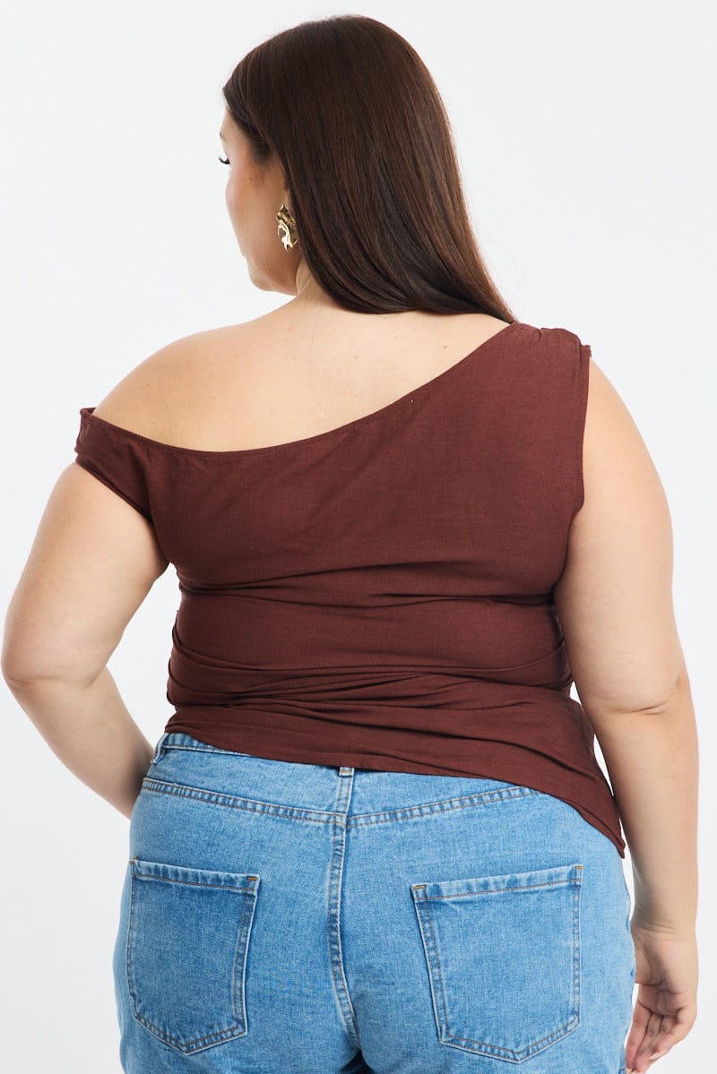 Brown One Shoulder Gathered Top Linen Blend - Image 4