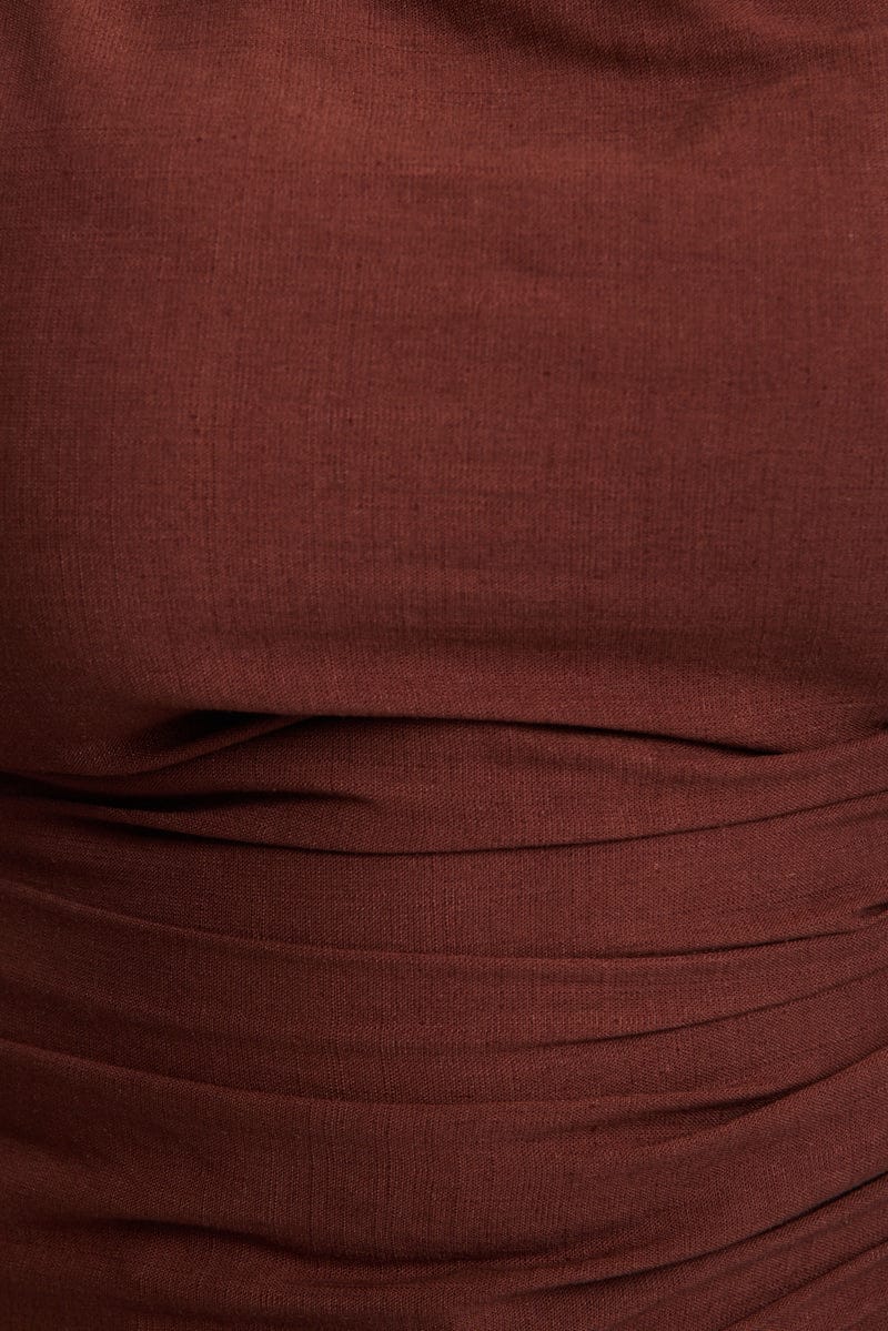 Brown One Shoulder Gathered Top Linen Blend - Image 5