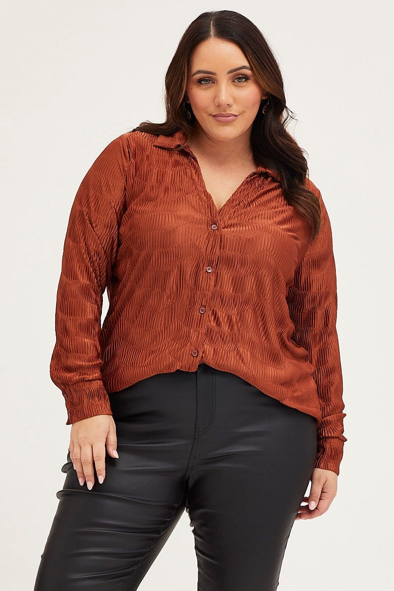 Brown Oversized Shirt Plisse Long Sleeve - Image 3