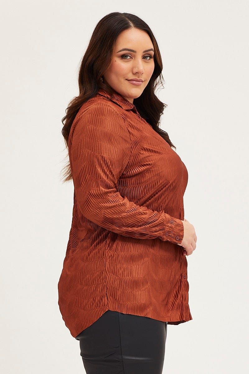 Brown Oversized Shirt Plisse Long Sleeve - Image 4