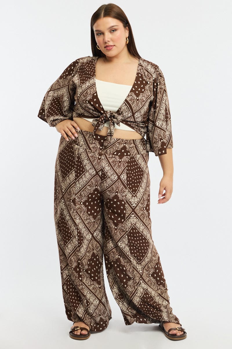 Brown Paisley Elastic Waist Wide Leg Pants