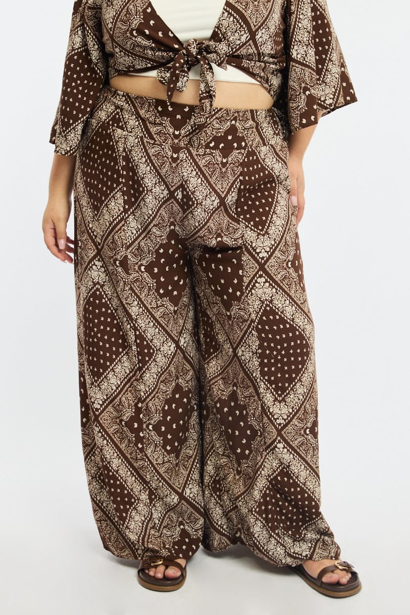 Brown Paisley Elastic Waist Wide Leg Pants - Image 2