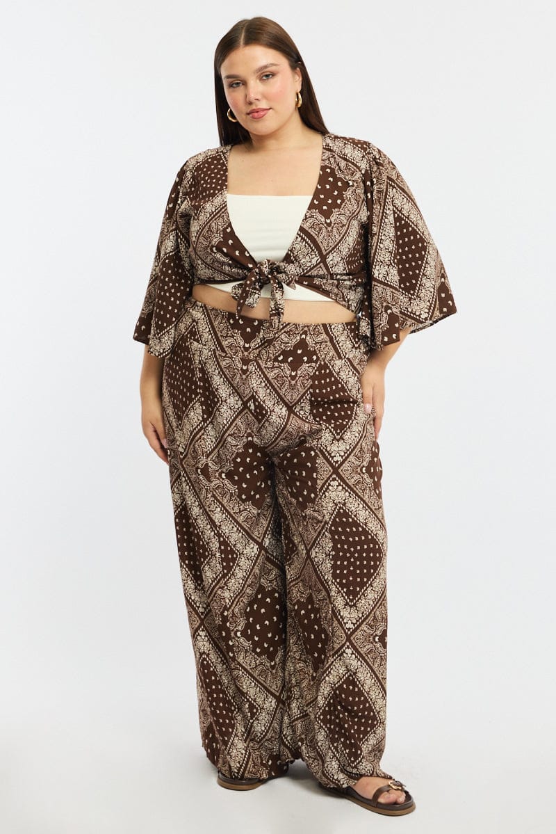 Brown Paisley Elastic Waist Wide Leg Pants - Image 3