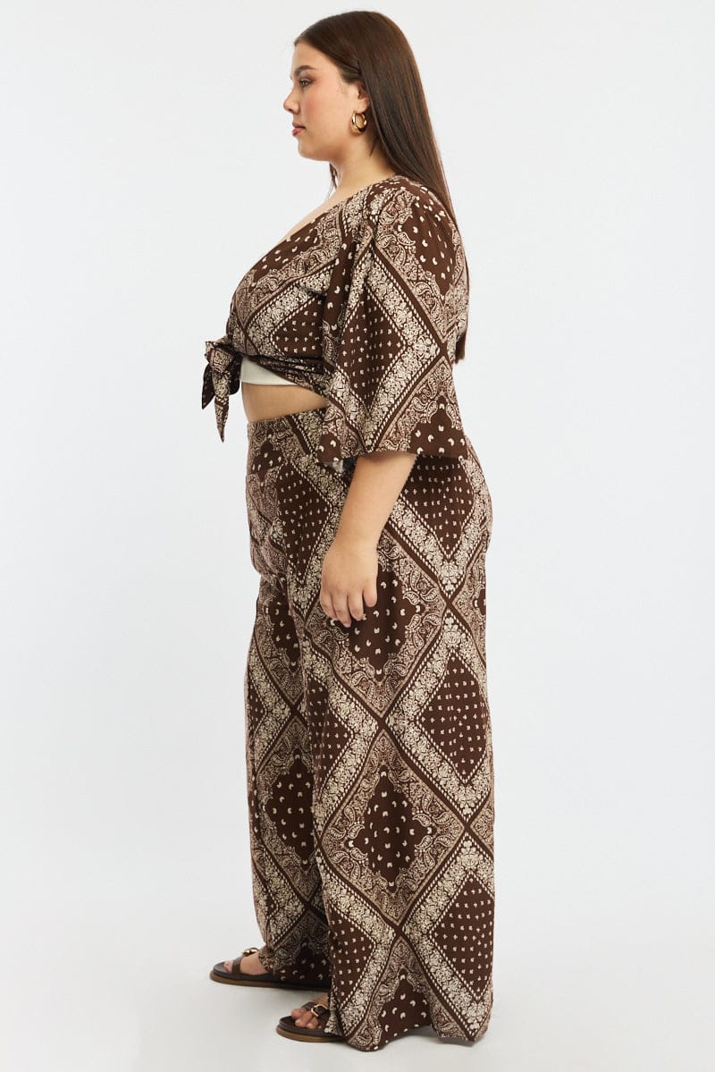 Brown Paisley Elastic Waist Wide Leg Pants - Image 4