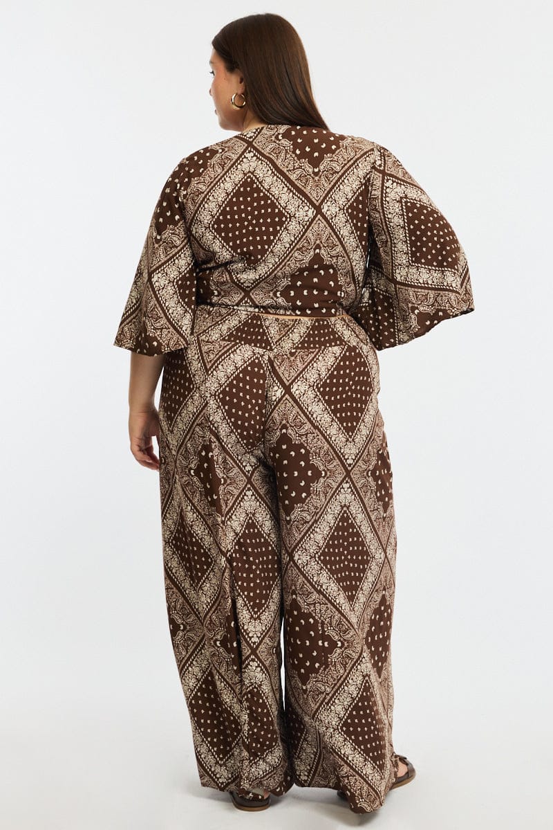 Brown Paisley Elastic Waist Wide Leg Pants - Image 5
