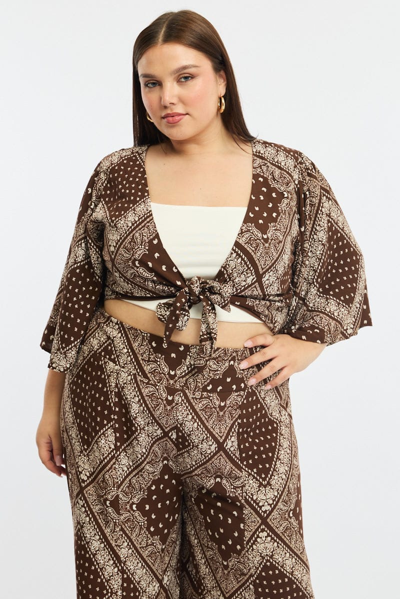 Brown Paisley Tie Up Bolero Short Sleeve