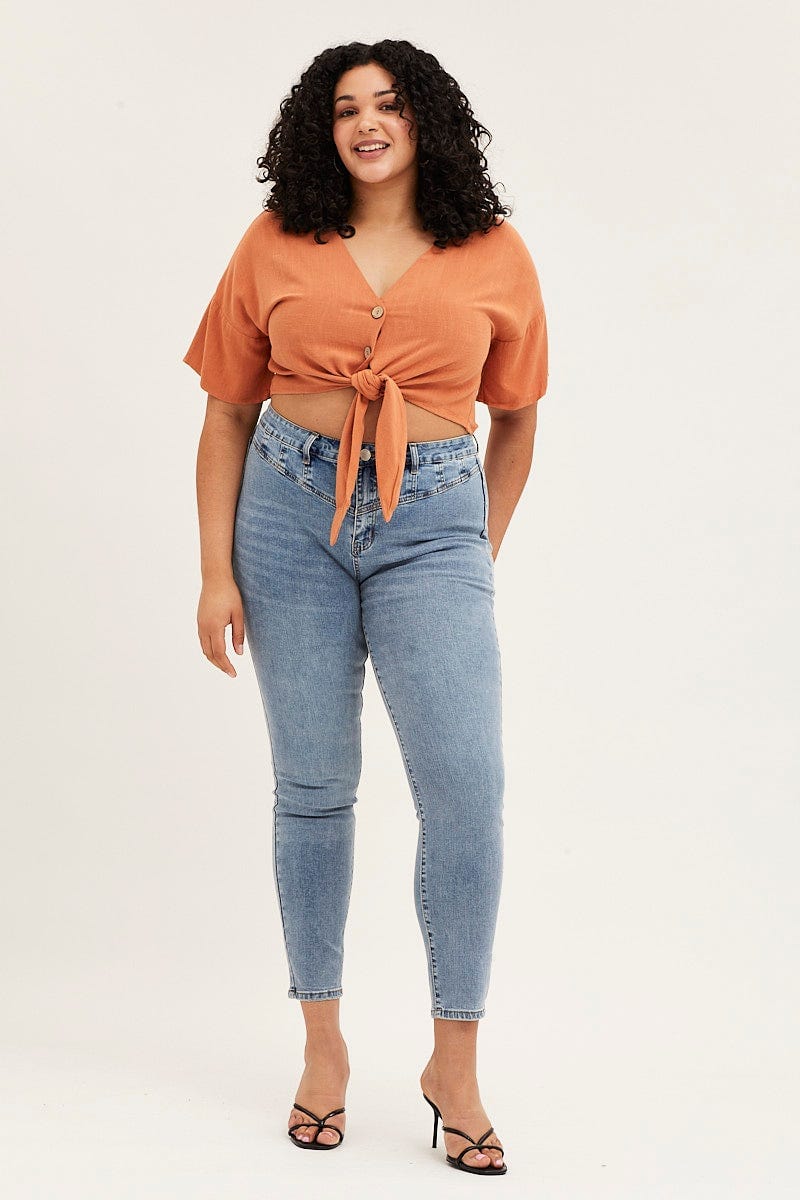 Brown Paprika Short Sleeve Linen Blend Tie Front Shirt - Image 2