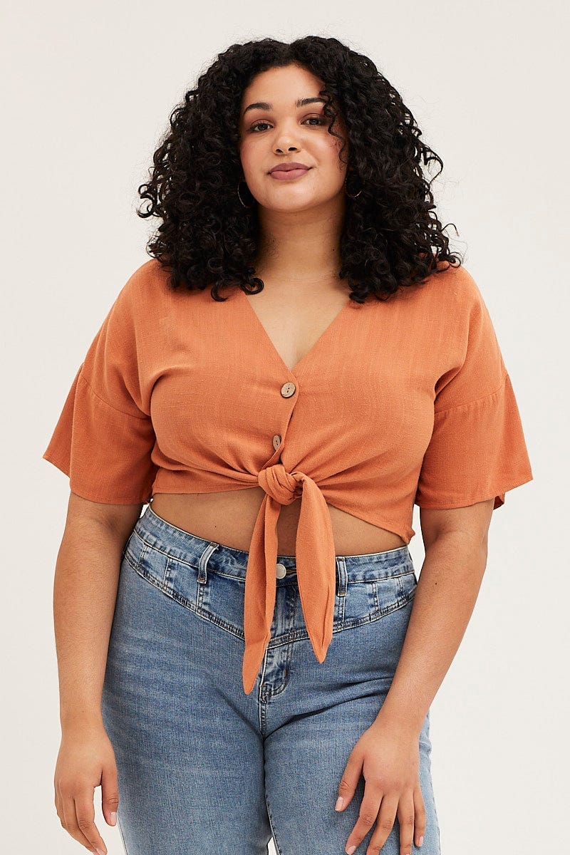 Brown Paprika Short Sleeve Linen Blend Tie Front Shirt - Image 3