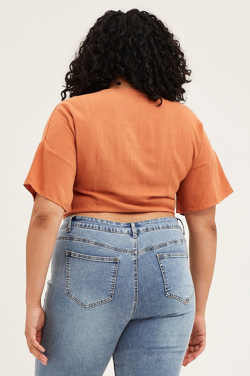 Brown Paprika Short Sleeve Linen Blend Tie Front Shirt - Image 5