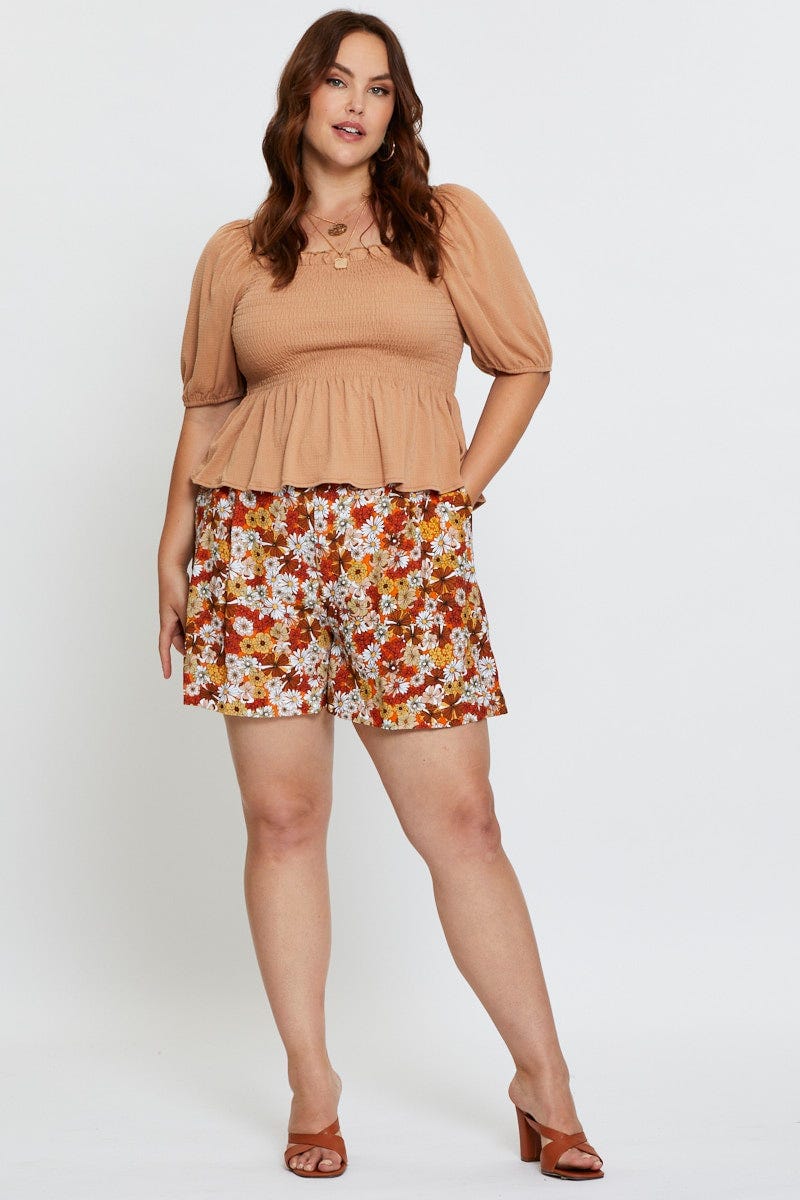 Brown Peplum Top Off The Shoulder Puff Sleeve Shirred - Image 2