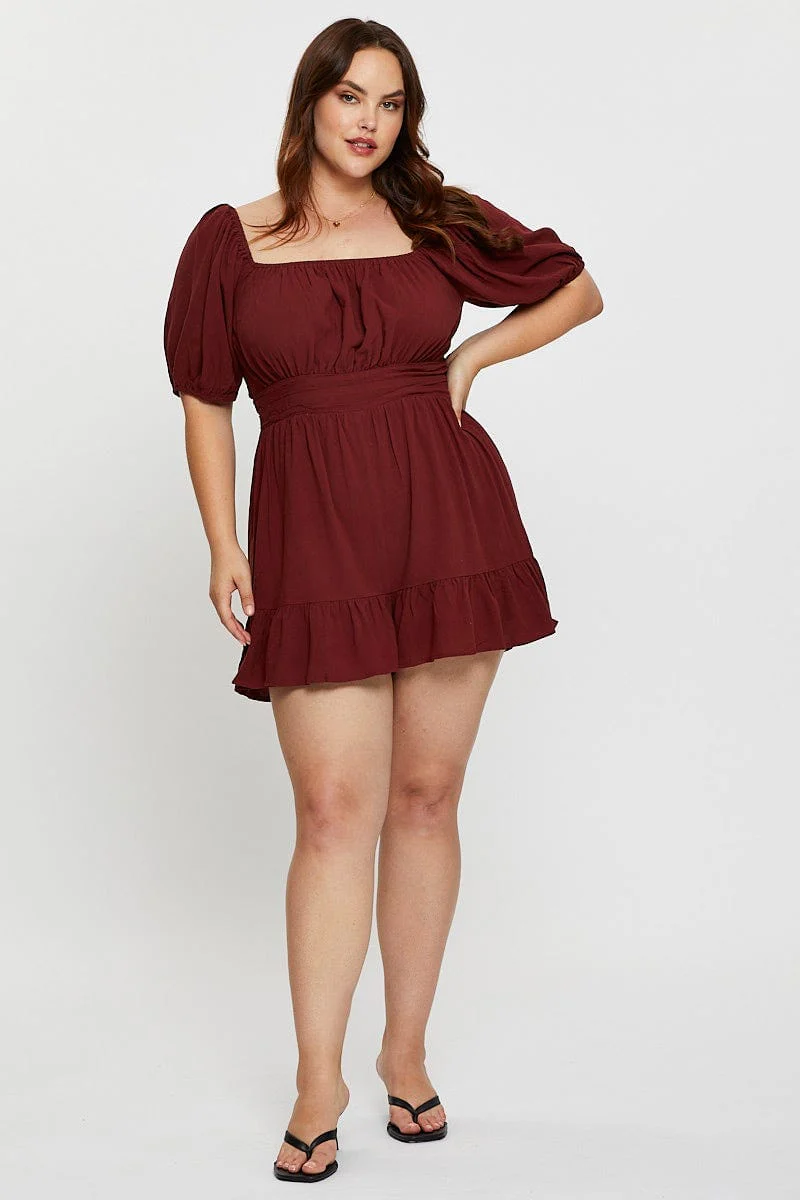 Brown Playsuit Puff Sleeve Square Neck Ruffle Hem - Image 2