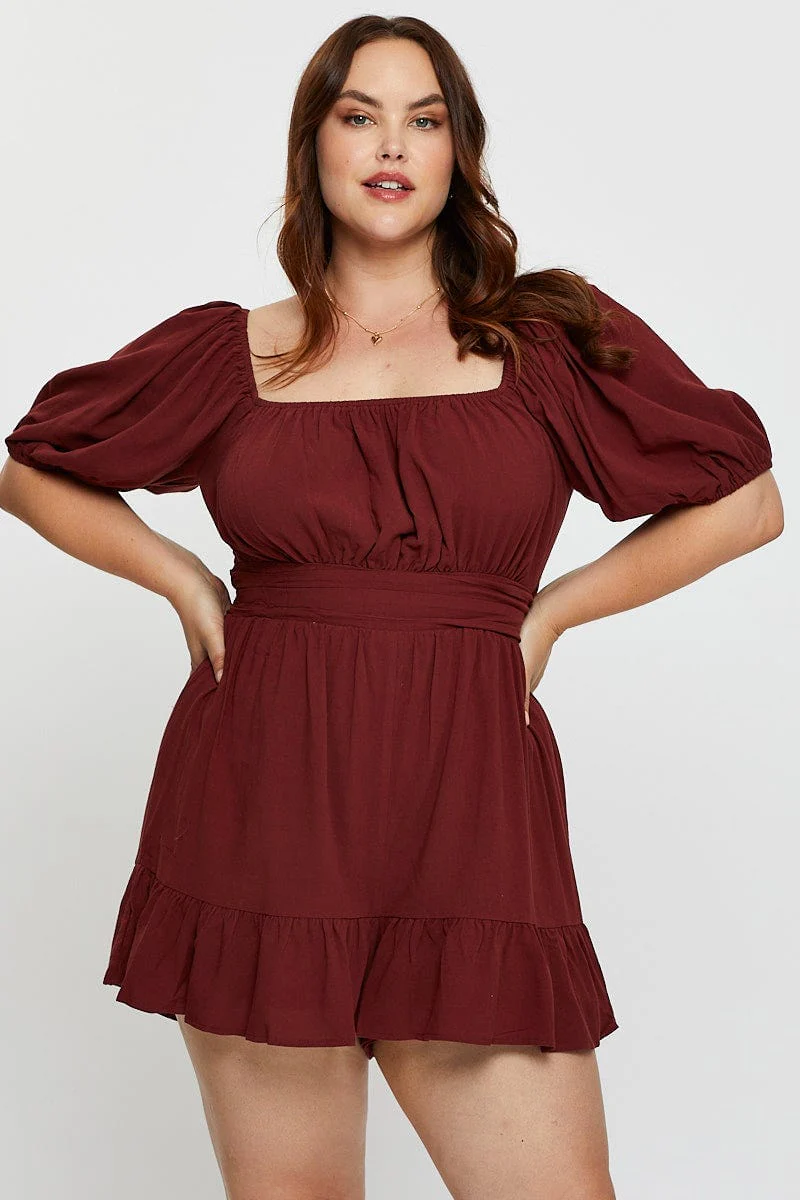Brown Playsuit Puff Sleeve Square Neck Ruffle Hem - Image 3