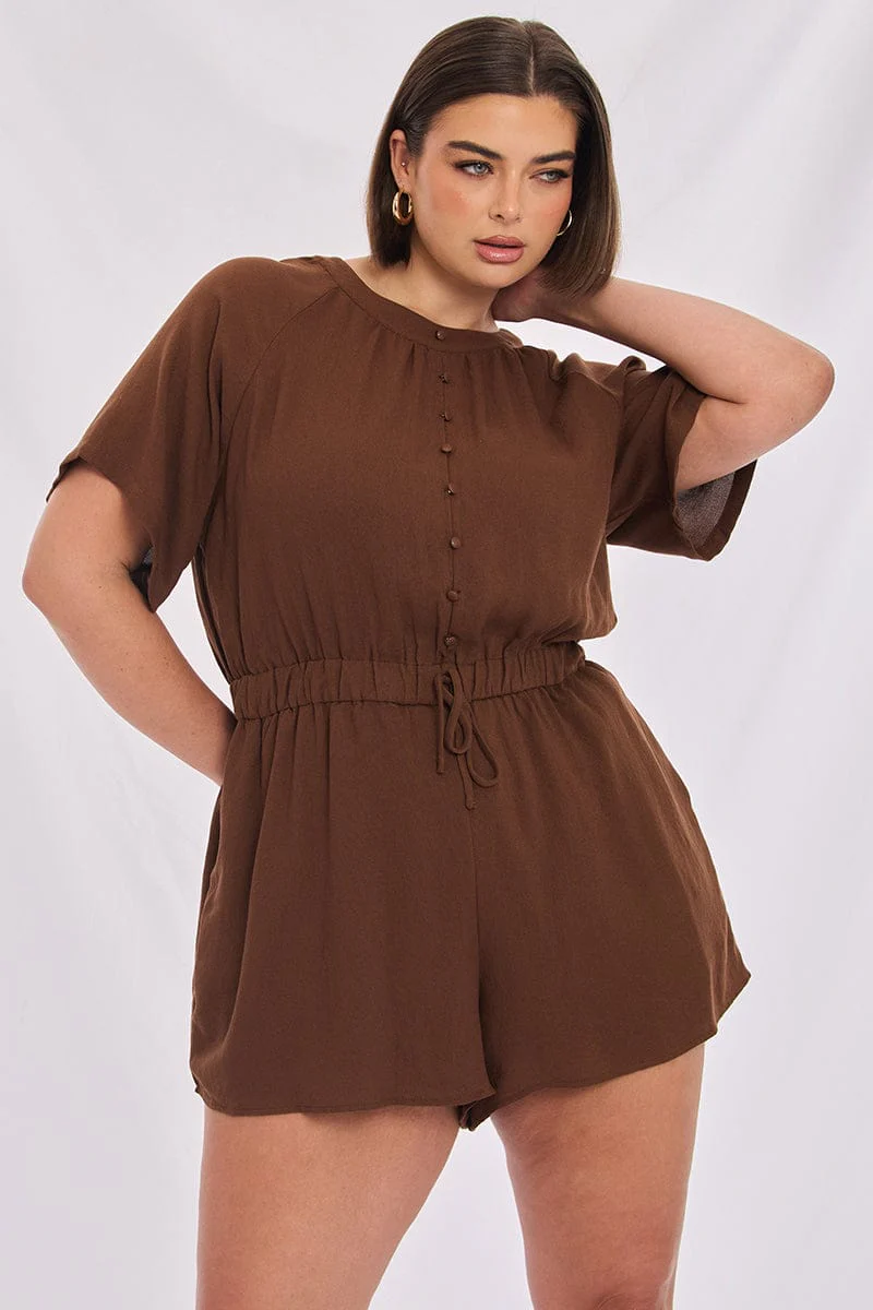 Brown Playsuit Short Sleeve Button Front Textured