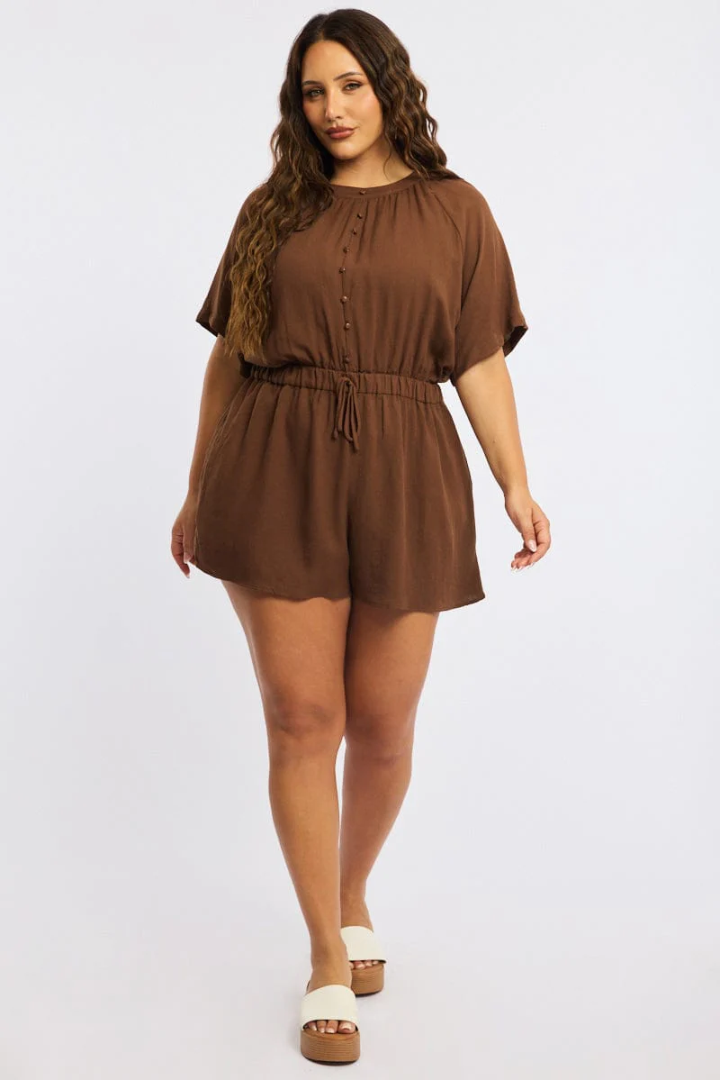 Brown Playsuit Short Sleeve Button Front Textured - Image 3