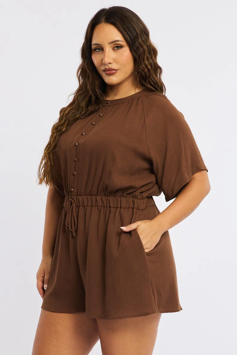 Brown Playsuit Short Sleeve Button Front Textured - Image 4