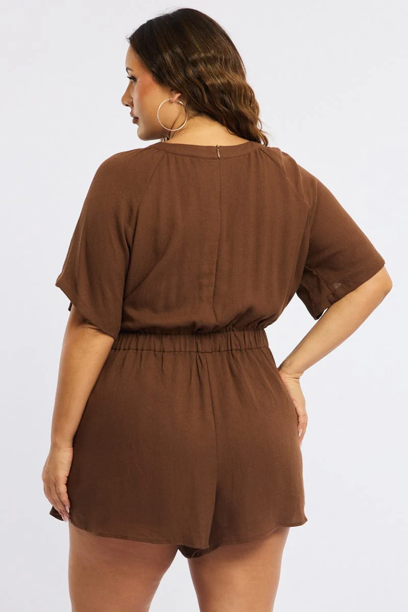 Brown Playsuit Short Sleeve Button Front Textured - Image 5