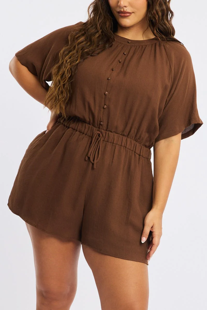 Brown Playsuit Short Sleeve Button Front Textured - Image 6