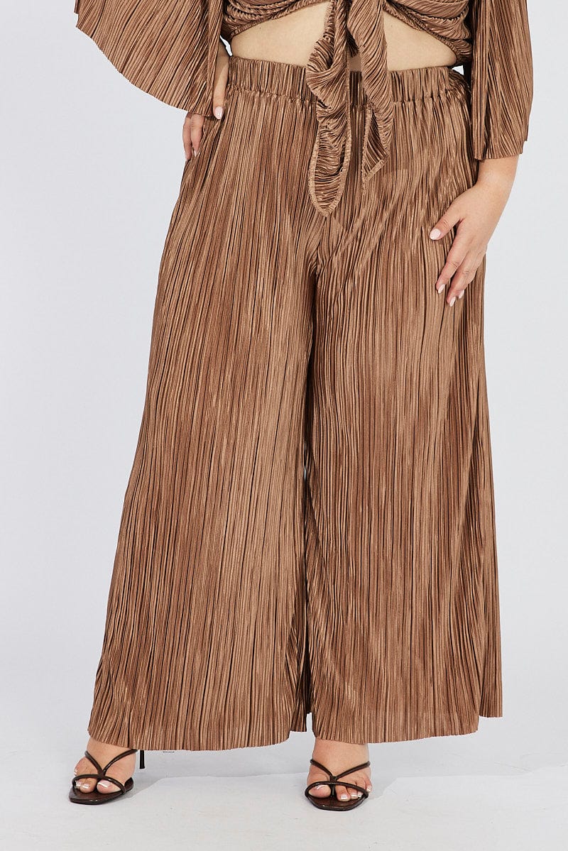 Brown Plisse Pants Wide Leg High Rise - Image 3