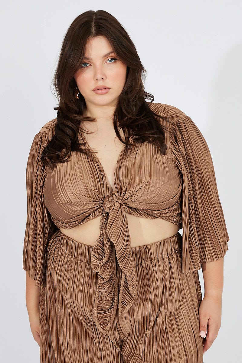 Brown Plisse Satin Flare Sleeve Tie Bolero Top - Image 3