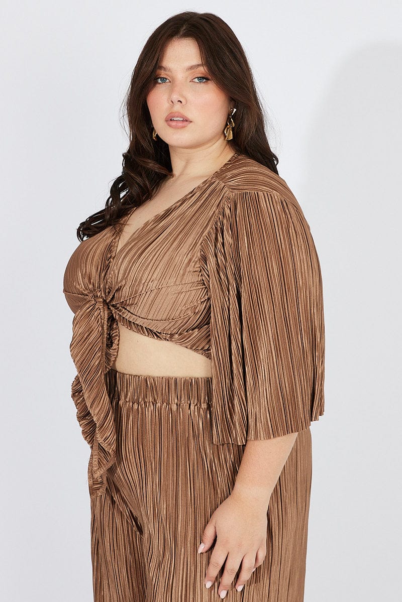 Brown Plisse Satin Flare Sleeve Tie Bolero Top - Image 4