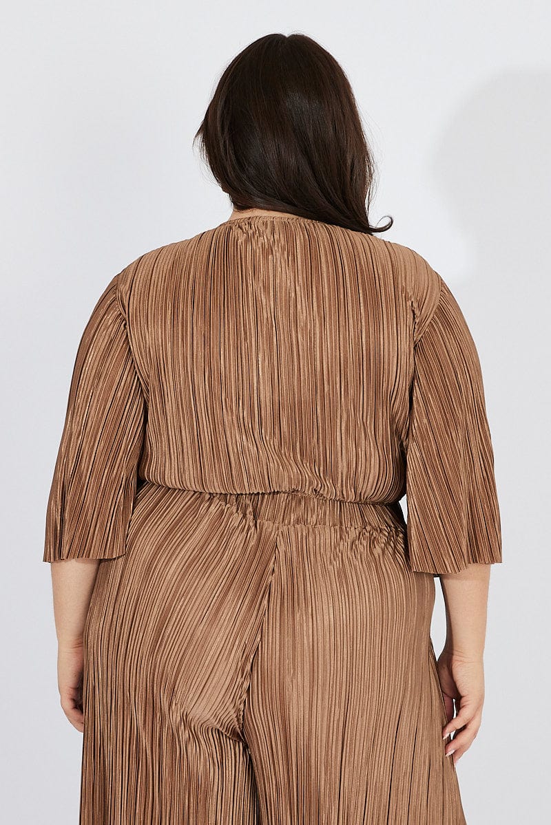 Brown Plisse Satin Flare Sleeve Tie Bolero Top - Image 5